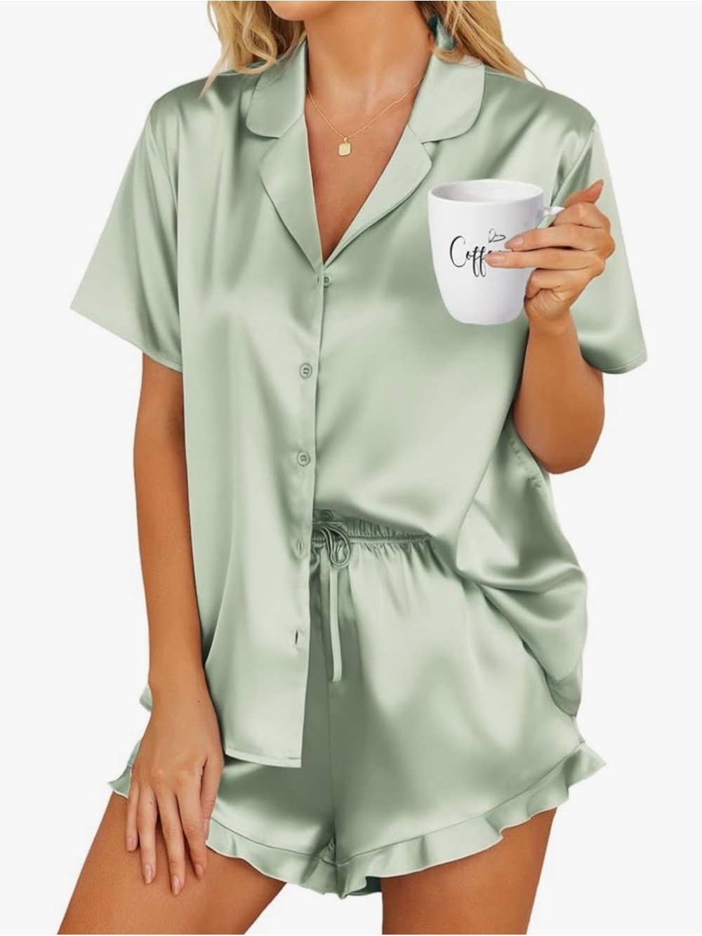 HOTOUCH | Women's Satin Short Sleeve Pajama Set - Sage Green